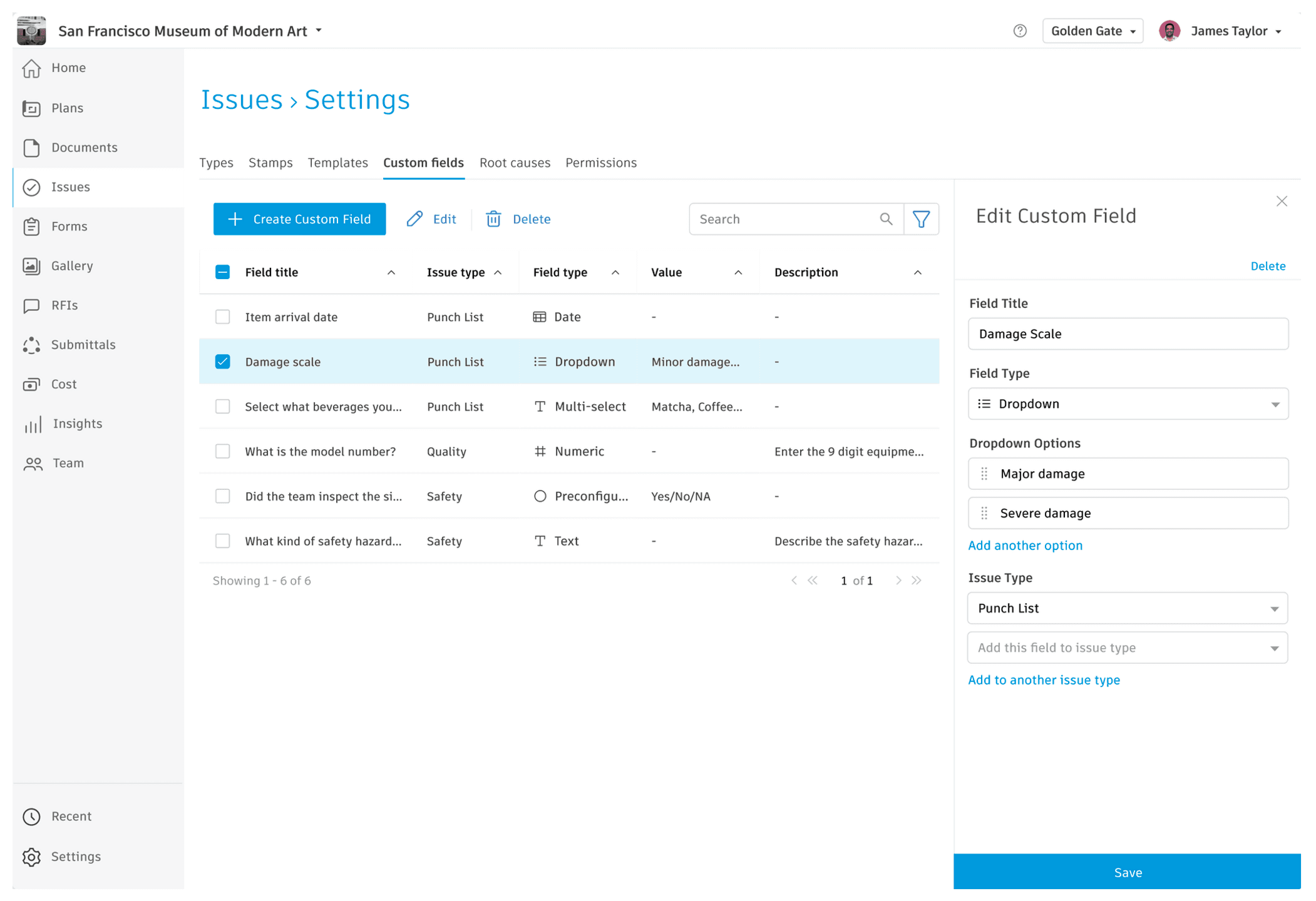 Autodesk construction platform: the Issues settings screen, with a custom-fields table and an edit panel for a punch-list field