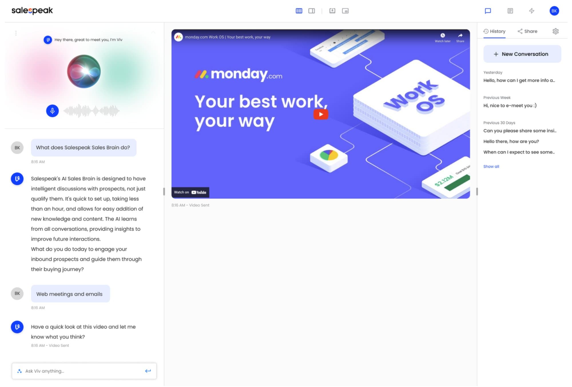 Viv, Salespeak’s AI sales agent, answering a prospect by voice and chat and sharing a product video