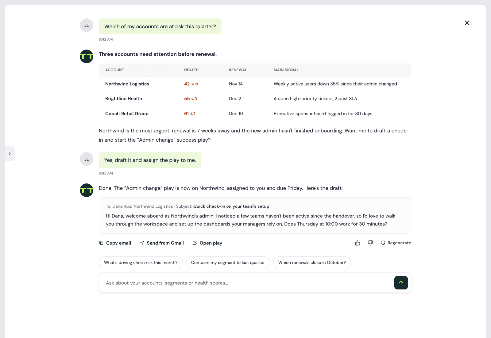 Illustrative recreation of Totango’s conversational AI assistant